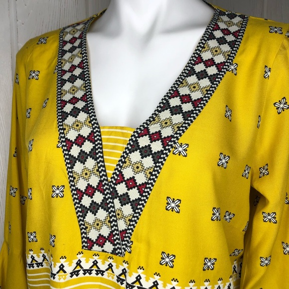 W Yellow Boho Printed Cropped Top Bell Sleeves L NWT Bollywood - Picture 2 of 9